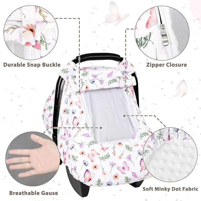 Pea Pod Car Seat Cover Baby, Infant Car Seat Canopy Covers with 2 Layers Windows of Breathable Mesh Fabric, Lightweight Polyester, Soft Minky Dot Backing (Butterfly Pattern)-BubblyBeeBaby