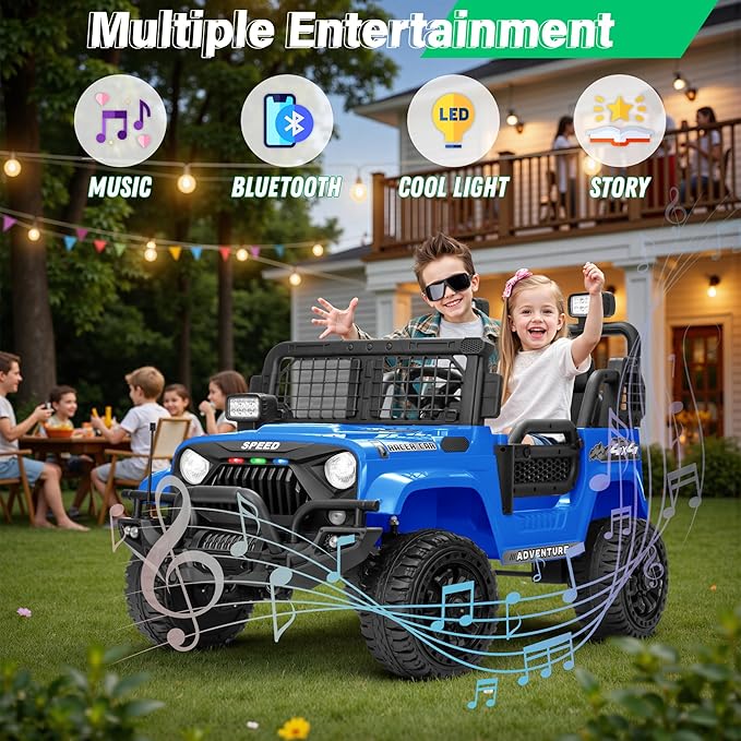 2 Seater Ride On Car Truck with Remote Control XL, Kids 24V Battery Powered Electric Vihicle w/21 in Seat, 3 Speeds, 2WD/4WD Switichable, Shock Absorbers,Bluetooth, Flower, Gift Choice-BubblyBeeBaby