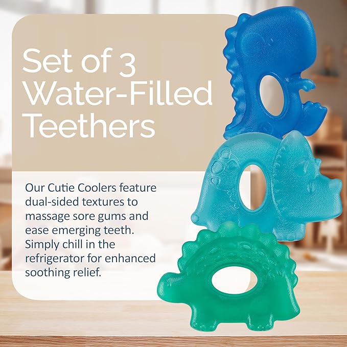 Itzy Ritzy Water-Filled Teethers - Cold Cutie Coolers Textured On Both Sides to Massage Sore Gums & Emerging Teeth - Can Be Chilled in Refrigerator, Set of 3 Coordinating Dinosaur Water Teethers-BubblyBeeBaby