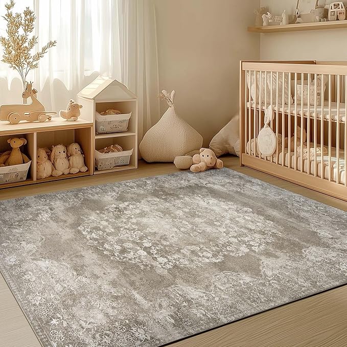 jinchan Vintage Floral 4x6 Area Rugs - Machine Washable Distressed Design Soft Ultra-Thin Low-Pile Non-Slip Carpet for Entryway Kitchen Bedroom Nursery Living Room Dining Room (4x6ft,Brown)-BubblyBeeBaby