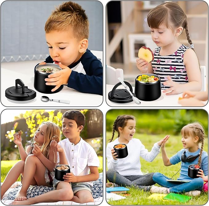 14oz Insulated Vacuum Food Jar with Buckle Lid,Soup Thermo for Hot Food Kids,Wide Mouth Leakproof Stainless Steel Lunch Container with Spoon-Black-BubblyBeeBaby