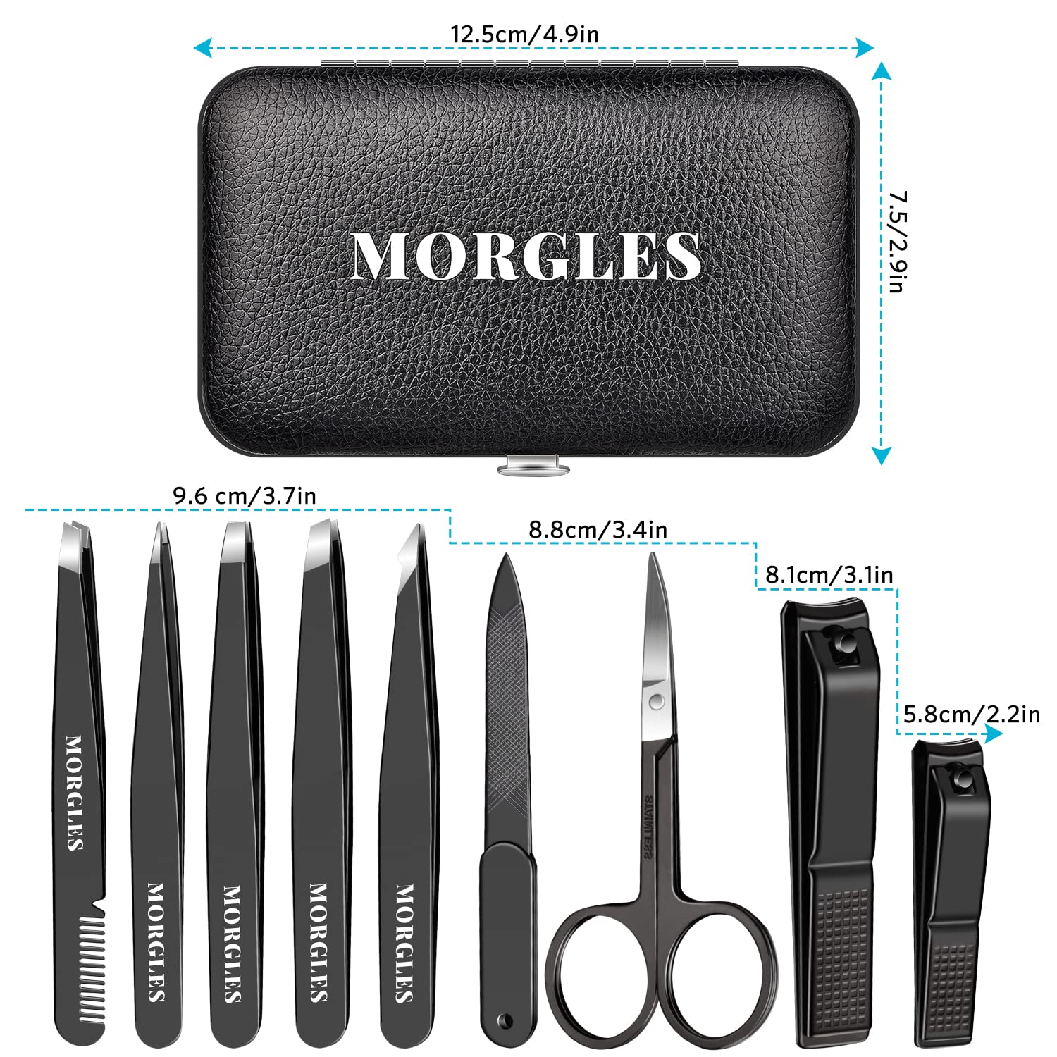 MORGLES Tweezers Set and Nail Clippers, 9 Pcs Stainless Steel Tweezers Kit for Men Professional Manicure Set for Men Grooming Kit with Leather Travel Case