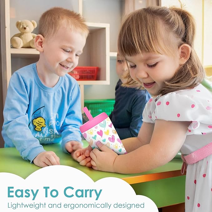 Kid Insulated Stainless Steel Tumbler with Silicone Straw, 12oz Sippy Cup for Kids (Playful Hearts)-BubblyBeeBaby