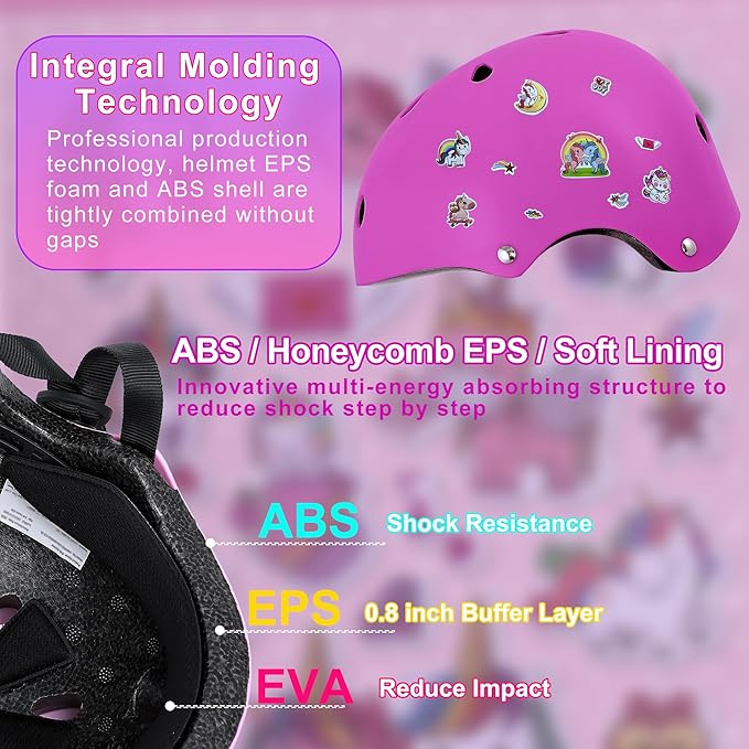 Kids Bike Helmet with DIY Stickers and Knee Pads Elbow Pads Wrist Guard Set for Ages 3-8-14 Toddler Boys Girls Helmet for Roller Skates Cycling Skateboarding Bicycle Scooter-BubblyBeeBaby