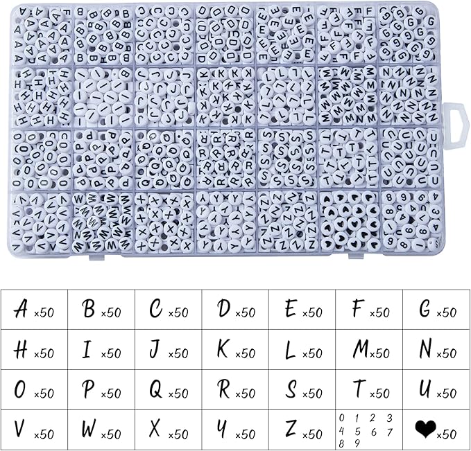 1400pcs Letter Beads, 4x7 mm Acrylic Alphabet Beads, Beads for Jewelry and Bracelet Making, in 28 Grid Box (White and Black)-BubblyBeeBaby
