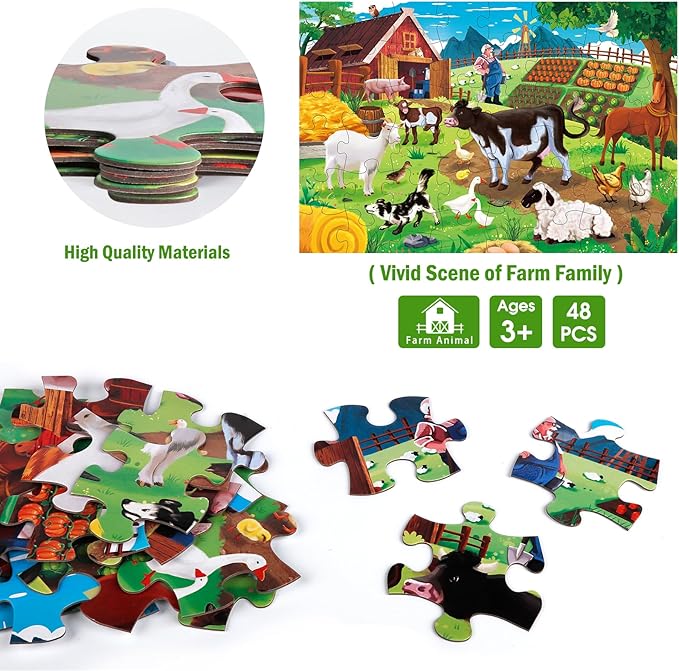 Jumbo Floor Puzzle for Kids,Farm Animals Jigsaw Large Puzzles,48 Piece Barn Puzzle for Toddler Ages 3-5,Children Learning Preschool Educational Toys,Birthday Gift for 4-8 Years Old Boy and Girl-BubblyBeeBaby