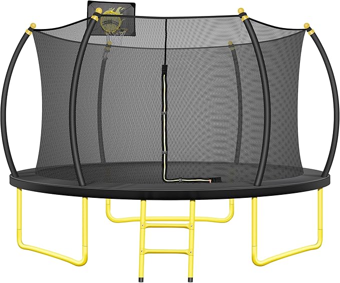 10FT 12FT 14FT 16FT Pumpkin Trampoline for Kids Adults, ASTM Approved Outdoor Recreational Trampoline with Basketball Hoop, Enclosure Net, Yellow-BubblyBeeBaby