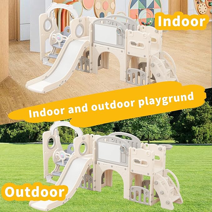 12 in 1 Toddler Outdoor Playset with Swing, Indoor Swing and Slide Set Playground for Toddlers 1-3, Durable Climber Basketball Hoop Ball Toddler Indoor Playset for Home Playground-White Grey-BubblyBeeBaby