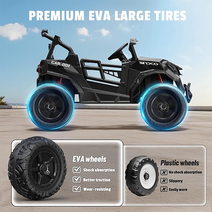 24V 2 Seater Ride on Car Truck, 4x200W, EVA Tires, 4WD/2WD, Rainbow Lights, Remote Control, Shock Absorbers, Bluetooth, Ride On UTV Toy for Kids Ages 3-8, Black-BubblyBeeBaby