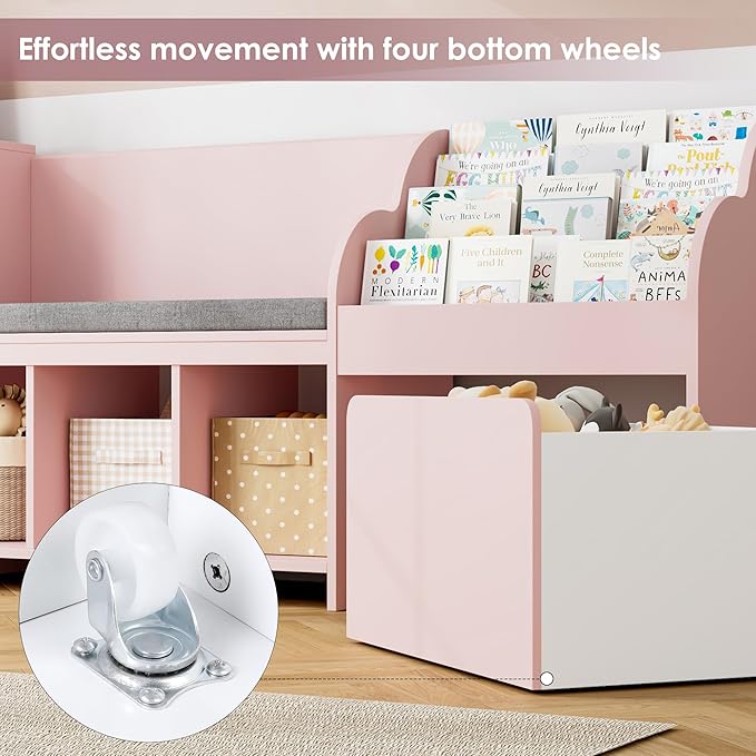 HOSTACK 67" Kids Reading Nook with Bench, Kids Bookshelf and Bookcase with Seat Cushion and 6 Storage Cubbies, Toy Storage Box on Wheels, Toy Chest for Playroom, Bedroom, School, Pink-BubblyBeeBaby