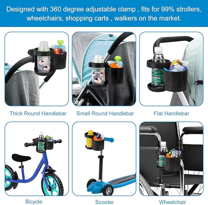 Accmor Universal Cup Holder, Stroller Cup Holder, 360° Rotatable Large Caliber Designed Bottle Holder for Stroller, Bike, Wheelchair, Walker, Scooter-BubblyBeeBaby