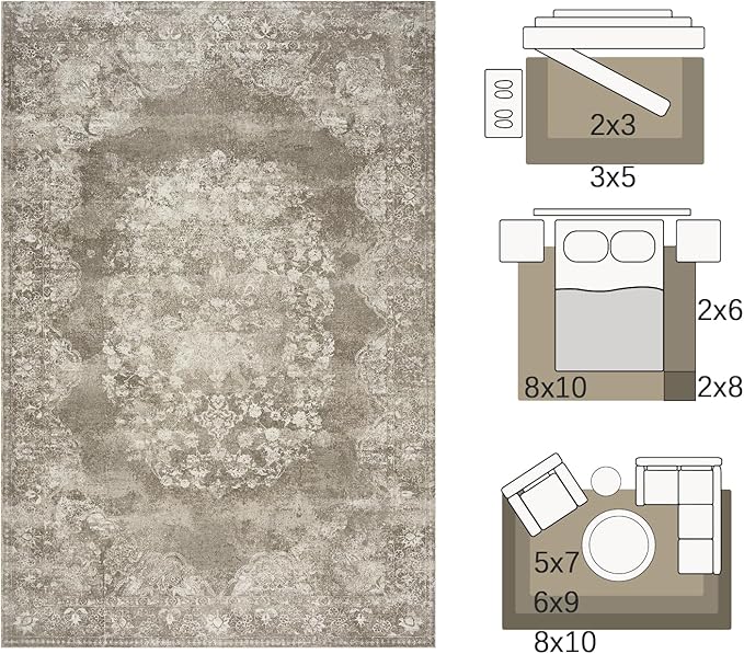 jinchan Vintage Floral 4x6 Area Rugs - Machine Washable Distressed Design Soft Ultra-Thin Low-Pile Non-Slip Carpet for Entryway Kitchen Bedroom Nursery Living Room Dining Room (4x6ft,Brown)-BubblyBeeBaby