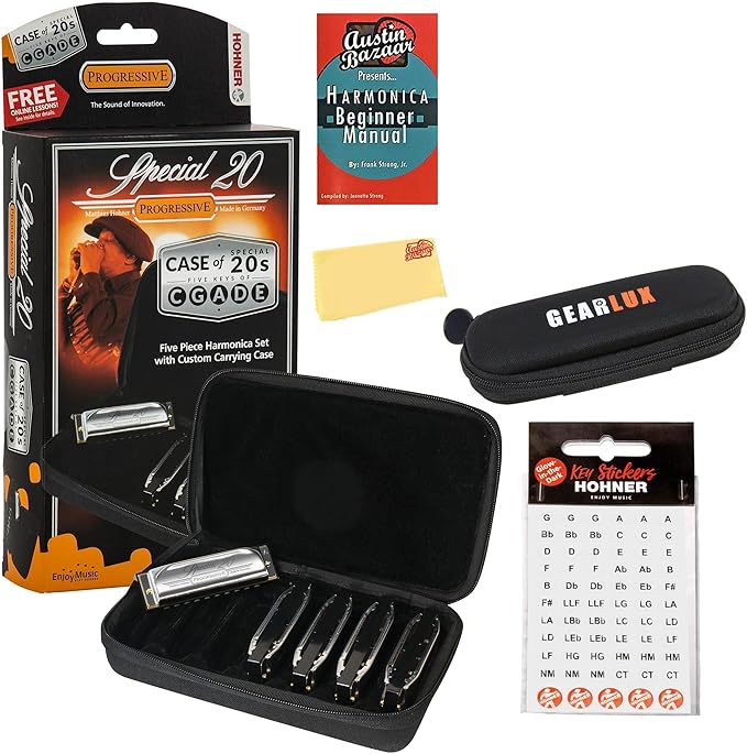 Hohner Special 20 Harmonica - Keys of G, A, C, D, E Bundle with Case, Zip Pouch, Key Stickers, Manual and Austin Bazaar Polishing Cloth-BubblyBeeBaby