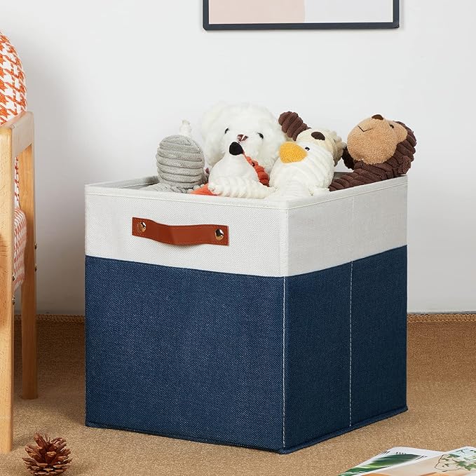 HNZIGE Fabric Storage Cubes Bins for Shelves,13x13 Storage Cubes, Set Of 4 Foldable Cubby Storage Bins for Organizing, Cloth Blue Storage Baskets for Cube Organizer Toy Nursery Shelves(Blue&White)-BubblyBeeBaby