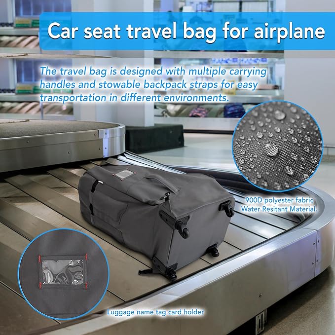 Car Seat Travel Bag with Wheels Heavy Duty Water-resistant Protective Cover for Airplane Travel & Rolling Design, Padded Handle,Padded Adjustable Strap (Grey)-BubblyBeeBaby