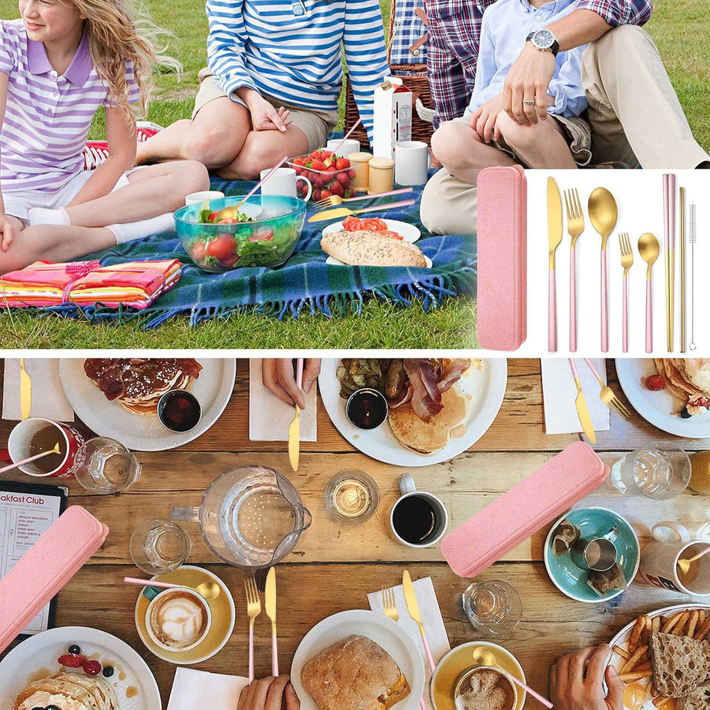 AARAINBOW 6 Pieces Stainless Steel Flatware Set Portable Reusable Cutlery Set Travel Utensils Set Including Chopsticks Knife Fork Spoon Straws Cleaning Brush Dishwasher Safe (B-Pink golden)