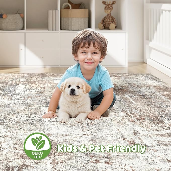 10x14 Area Rugs Living Room: Washable Large Abstract Modern Soft Rug Stain Resistant Indoor Floor Non Slip Accent Carpet for Bedroom Nursery Playroom Office Dining Room Dorm Home House- Brown-BubblyBeeBaby