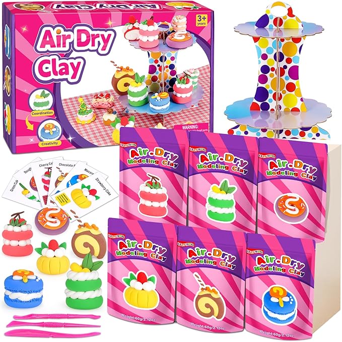 ifergoo Air Dry Clay Kit for Kids - Cakes Modeling Clay, Includes 6 Dessert Designs and Display Stand, DIY Art & Crafts School Projects, Home Party Kids Toys, Holidays Gifts for Age 3-12 Girls & Boys-BubblyBeeBaby