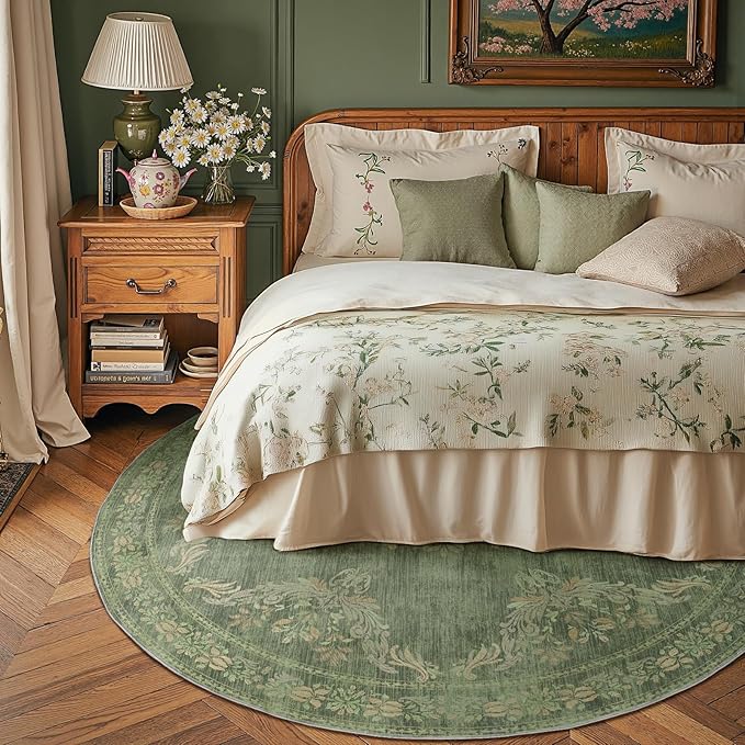 jinchan Round Rug 6ft Area Rugs Vintage Floral Distressed Design,Machine Washable Soft Non-Slip Low-Pile Ultra-Thin Circle Rug for Bedside Living Room Dining Room Bedroom (6' Round, Dark Green)-BubblyBeeBaby