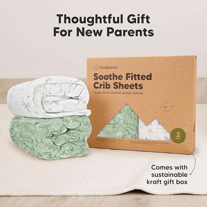 KeaBabies 2-Pack Organic Crib Sheets for Boys, Girls - 52x28 Fitted Crib Mattress Sheet Neutral, Breathable Jersey Cotton Cover for Baby Bed, Toddler Mattress, Soft & Cute Prints (DinoDood)-BubblyBeeBaby