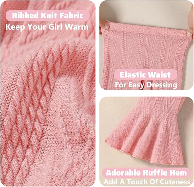 2 Pack Toddler Baby Girl Pants Flare Leggings Ribbed Knit Newborn Bell Bottoms Solid Ruffle Infant Pants for Girls-BubblyBeeBaby