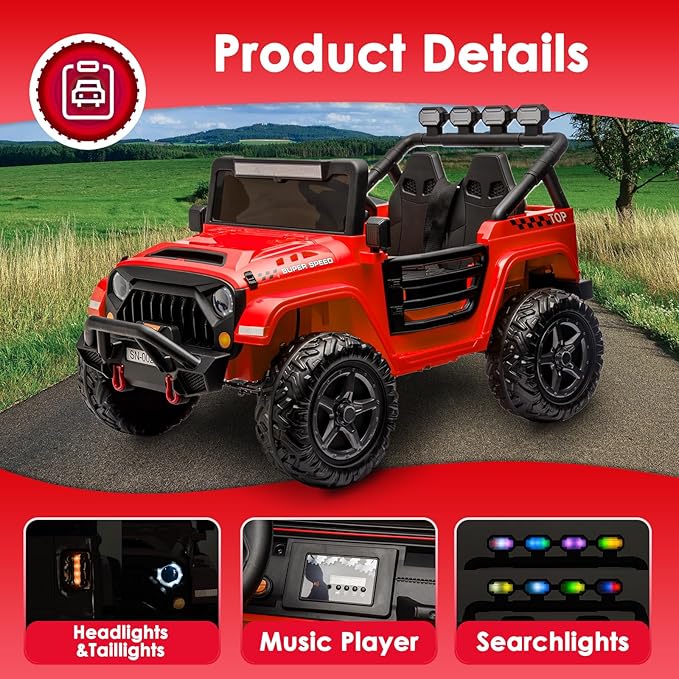 24V 2 Seater Ride On Truck with Remote Control 4WD Electric Car for Kids Ride On Car Battery Powered Ride On Toy Car with Music Player, LED Lights, Bluetooth, Rear Shock Absorber, Red-BubblyBeeBaby