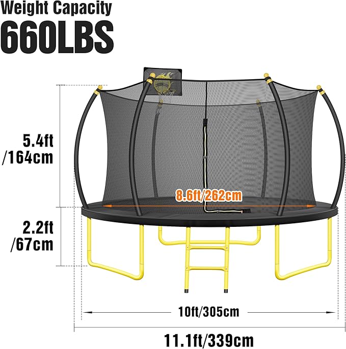 10FT 12FT 14FT 16FT Pumpkin Trampoline for Kids Adults, ASTM Approved Outdoor Recreational Trampoline with Basketball Hoop, Enclosure Net, Yellow-BubblyBeeBaby