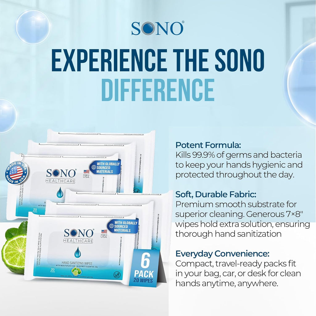 SONO Alcohol-Free Sanitizing Hand Wipes with Bergamot & Aloe Essential Oil - Hospital-Grade Disinfectant - Individually Wrapped Travel Size - 6 Packs of 20 - Gentle Cleaning & Germ Protection Anywhere