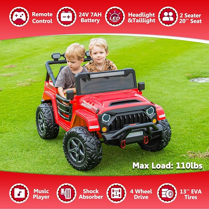 24V 2 Seater Ride On Truck with Remote Control 4WD Electric Car for Kids Ride On Car Battery Powered Ride On Toy Car with Music Player, LED Lights, Bluetooth, Rear Shock Absorber, Red-BubblyBeeBaby