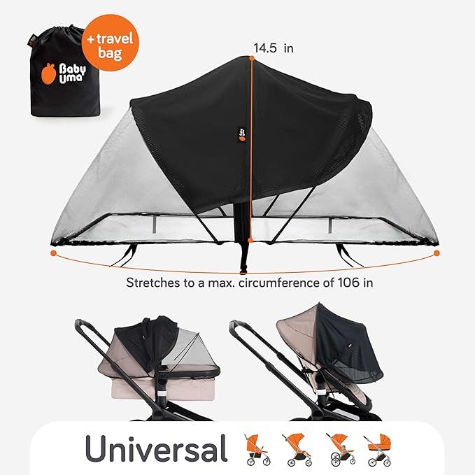 Baby Uma 2-in-1 Mosquito Net for Stroller & Stroller Sun Shade - UPF 50+ Baby Sun Protection, Breathable Blackout Mesh Baby Mosquito Net (+ Travel Bag)-BubblyBeeBaby
