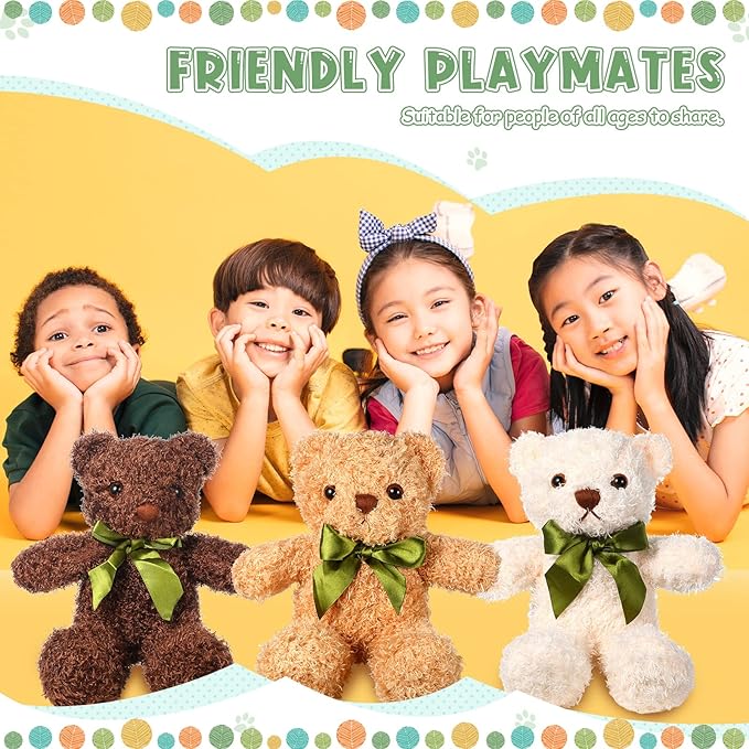 HyDren 12 Pack Bear Stuffed Animals 10 Inch Operation Christmas Bulk Items Small Bear Party Favors Plush Toys for Baby Shower Centerpiece Christmas Birthday Gifts(White, Light Brown, Dark Brown)-BubblyBeeBaby