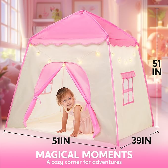 JOYIN Pink Princess Tent for Girls with LED Star Lights-Indoor & Outdoor Large Playhouse Kids Castle Play Tent for Children Indoor and Outdoor Games-BubblyBeeBaby