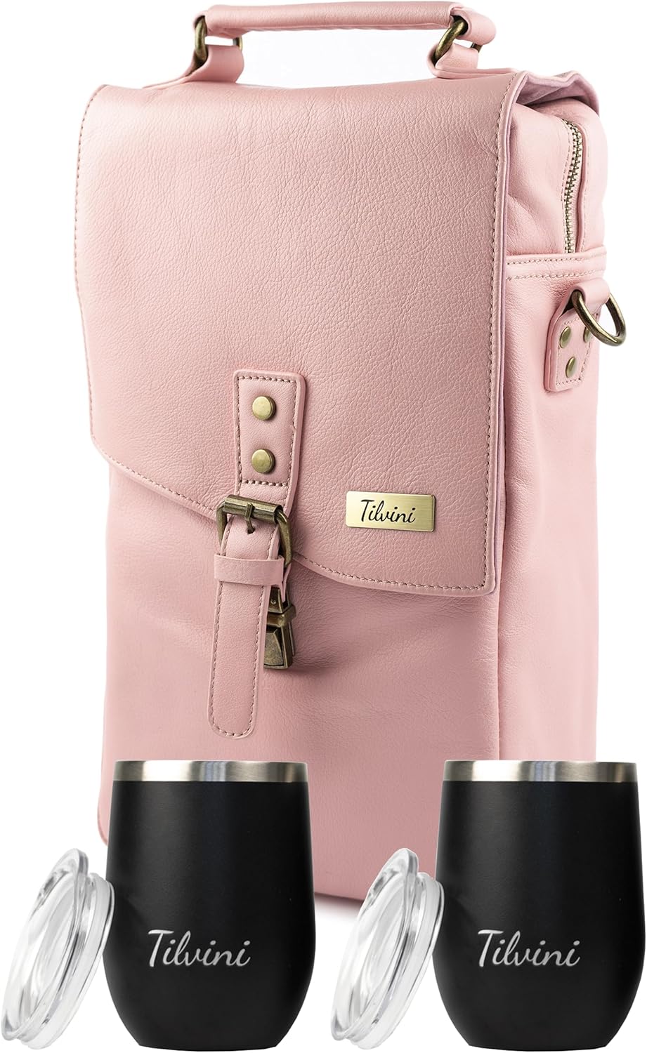 Insulated Genuine Leather Wine Bag With 2 Wine Tumblers. Best Travel Gifts For Women Wine Lovers. Wine Cooler Bag 2 Bottle Wine Carrier Set. Mom Birthday Gift Party Wife Picnic Pink Tote