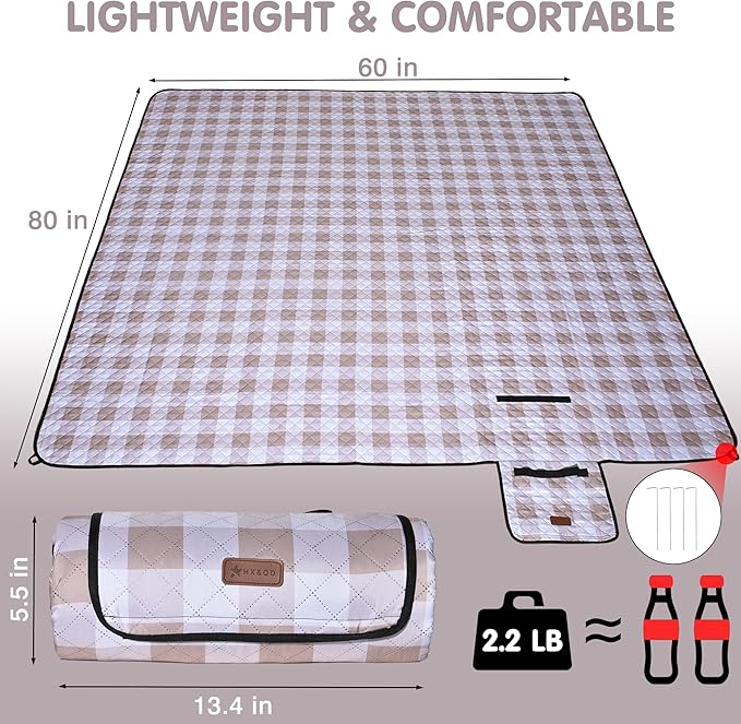 HX&OD Outdoor Picnic Blanket, Extra Large, 80''x60'' Waterproof Foldable Blankets Gingham Picnic Mat for Beach, Camping Grass Lawn Park Accessories Cute Couple Ideas Wedding (Light Brown, 80”x60”)-BubblyBeeBaby