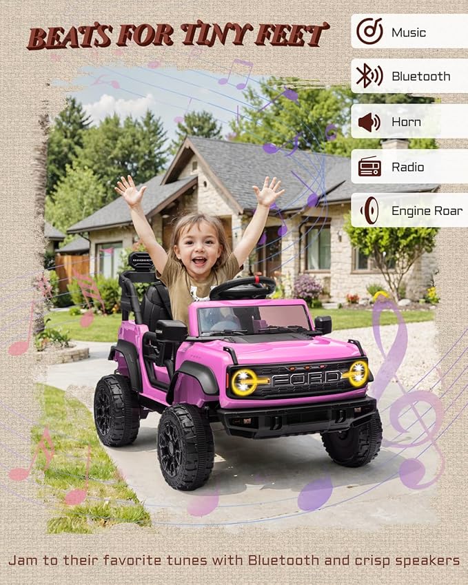 12V Electric Ride on Toys for Toddler, Ford Bronco Raptor Kids Ride on Car with Remote Control, 12 Volt Battery Powered Cars for Children with Smooth Start, Bluetooth (12V, Pink)-BubblyBeeBaby
