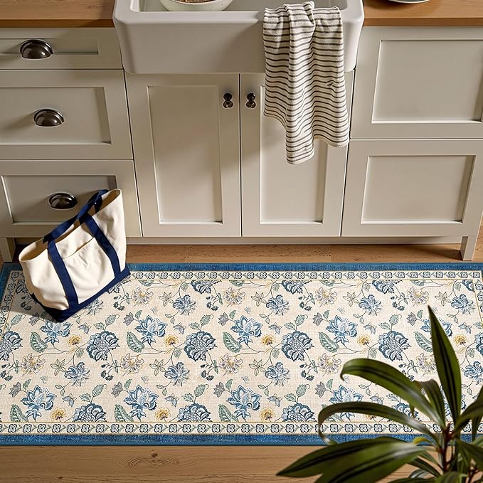 jinchan 2x5 Floral Runner Rug for Hallway Washable Kitchen Runner Vintage Romance Design Non Slip Thin Indoor Floor Cover Low-Profile Throw Carpet for Entryway Bathroom Bedroom Porch, Blue/Beige-BubblyBeeBaby