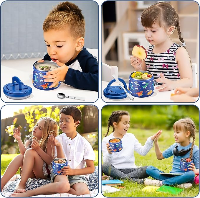 14oz Insulated Vacuum Food Jar with Buckle Lid,Soup Thermo for Hot Food Kids,Wide Mouth Leakproof Stainless Steel Lunch Container with Spoon-Dinosaur-BubblyBeeBaby