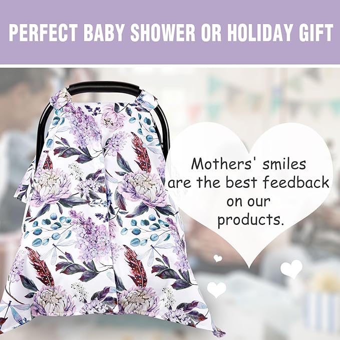 Car Seat Cover Baby, Infant Car Seat Canopy Covers for Newborn Girls Boys, Soft Breathable Mink Carseat Covers Stretchy Multi-Use Nursing Cover for Stroller Baby Car Seat, Purple Flroal-BubblyBeeBaby