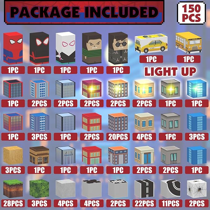 150 PCS Magnetic Blocks Building Toys Set, Spider Toys Light Up Magnetic Building Blocks for Boys Girls Ages 3+, 1 Inch Magnet Cubes STEM Sensory Construction Toy City Themes-BubblyBeeBaby