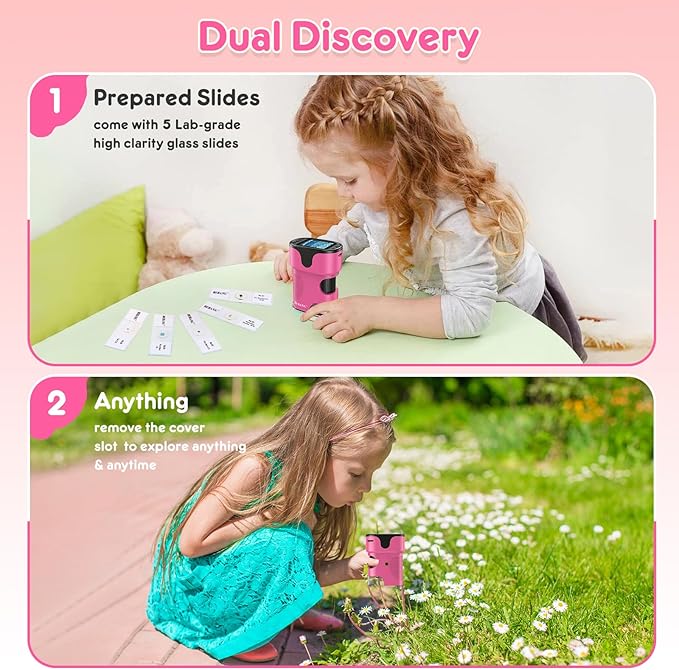 1000X Handheld Microscope for Kids 4K 2.0" Screen Rechargeable Mini Pocket Digital Microscopes w/Slides Kit Portable Edu Gift Age 4-6 8-12 Children Students (Pink)-BubblyBeeBaby