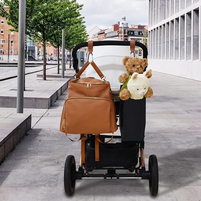 Stroller Hooks for Hanging, 2 PCS Durable Leather Style Stroller Clip Straps, Baby Stroller Hooks for Diaper Bags Grocery Shopping Bags, Mommy Hook for Stroller (Brown)-BubblyBeeBaby