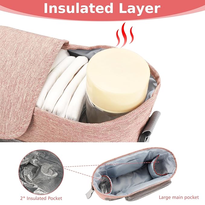 Accmor Universal Stroller Organizer with Insulated Cup Holder, Stroller Caddy Bag Accessories, Stroller Cup Holder Organizer for Uppababy Baby Jogger Britax Stroller, Pink-BubblyBeeBaby