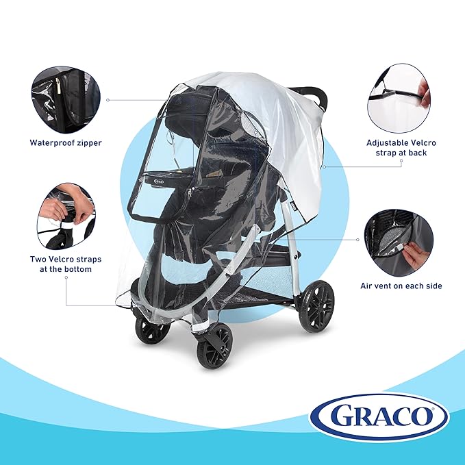 Graco Univeral Deluxe Weather Shield with Zippered Window, Baby Rain Cover, Universal Size to fit Most Stollers, Waterproof, Windproof, Ventilation, Protection, Shade, Umbrella, Pram, Vinyl, Clear-BubblyBeeBaby