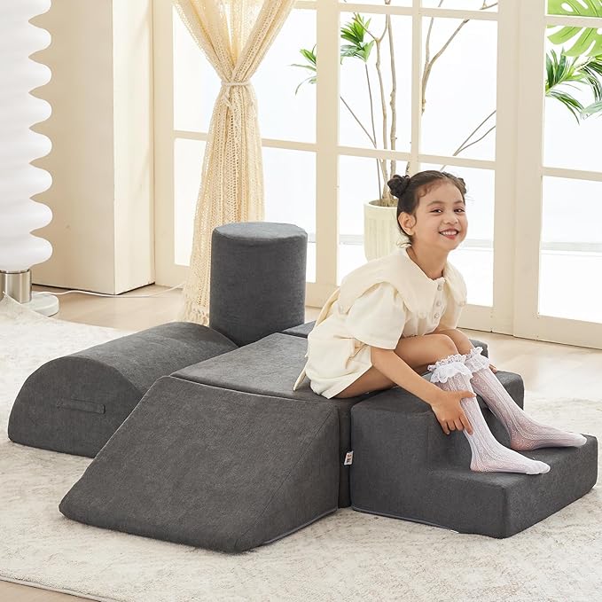 jela Foam Blocks 6Pcs Soft Play Equipment Luxury Miss Fabric, Toddler Climbing Toys Indoor Soft Play Climbing for Toddlers, Lightweight Climbing Blocks for Babies, Kids, Climb and Crawl Foam Playset-BubblyBeeBaby