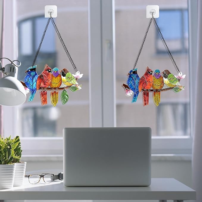 2 Pack Stained Glass Window Hanging - Hummingbird Decorations Suncatcher Hand-Painted Double Sided Birds on A Branch Sun Catcher for Window Home Decor Gifts for Mom,Bird Lovers-BubblyBeeBaby