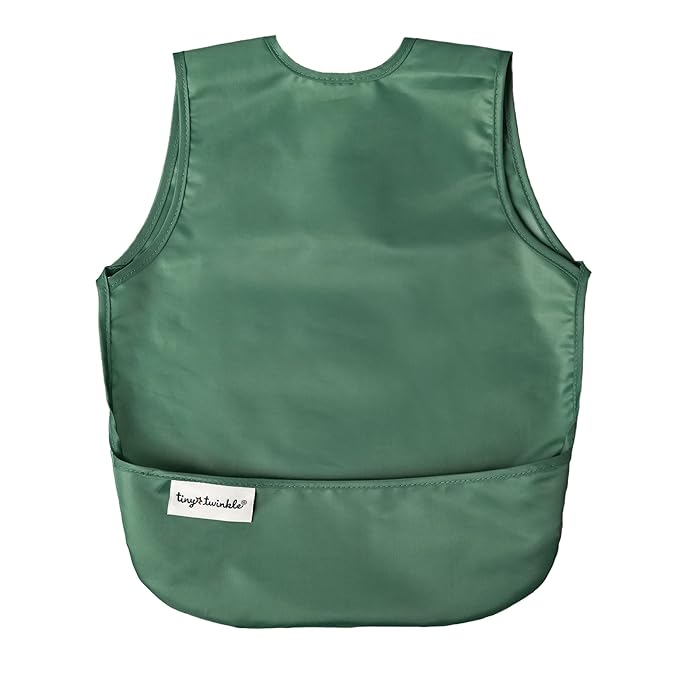 Tiny Twinkle Mess Proof Baby Bib - Waterproof & Lightweight Baby-Led Weaning Apron | 100% Recycled Polyester, Easy Clean & Machine Washable (Olive Green, Small 6-24 Months)-BubblyBeeBaby