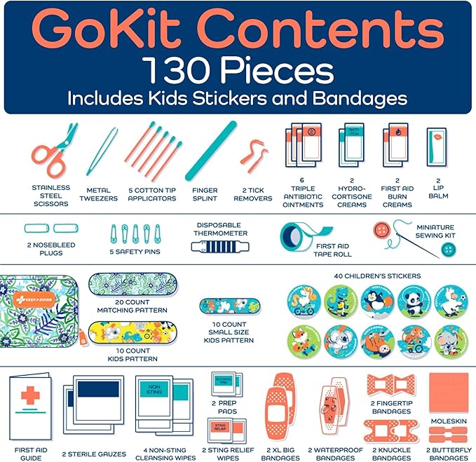 KeepGoing Travel First Aid Kit for Kids – 130 Pc. for Car, Home, Purse, Diaper Bag & Backpack with Latex-Free Bandages - Mini First Aid Kit Travel Size TSA-Approved-BubblyBeeBaby