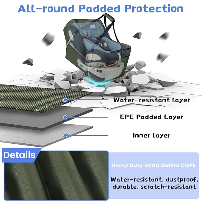 Infant Car Seat Travel Bag for Airplane Compatible with All Nuna Pipa Car Seat and Base,Chicco KeyFit 30 and Base, Padded Car Seat Bags for Air Travel,Car Seat Gate Check Bag with Side Pocket, Green-BubblyBeeBaby