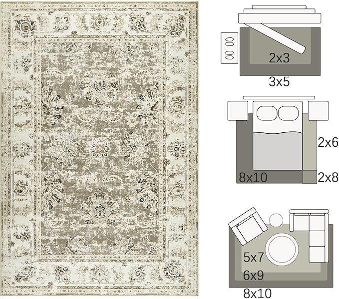 jinchan Washable Area Rug 4x6 Ultra-Thin Low Pile Non Slip Stain Resistant Soft Faux Wool Floral Rug Distressed Boho Vintage Carpet for Bedroom,Living Room,Dining Room,Kitchen,Nursery(Taupe, 4' x 6')-BubblyBeeBaby