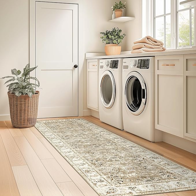 jinchan Hallway Runner Rug 2x10 Machine Washable Runner Rug Taupe Vintage Floral Design Non-Slip Ultra-Thin for Kitchen Laundry Room Bedroom Farmhouse (2‘x10',Taupe)-BubblyBeeBaby